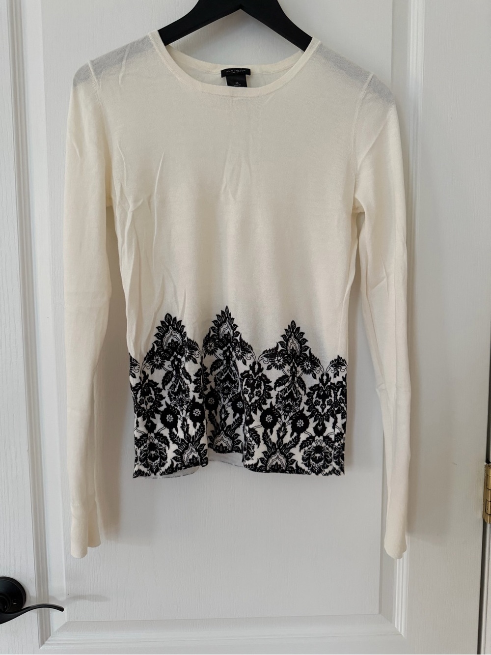Ann Taylor Cream Crewneck Sweater with Black Lace Border